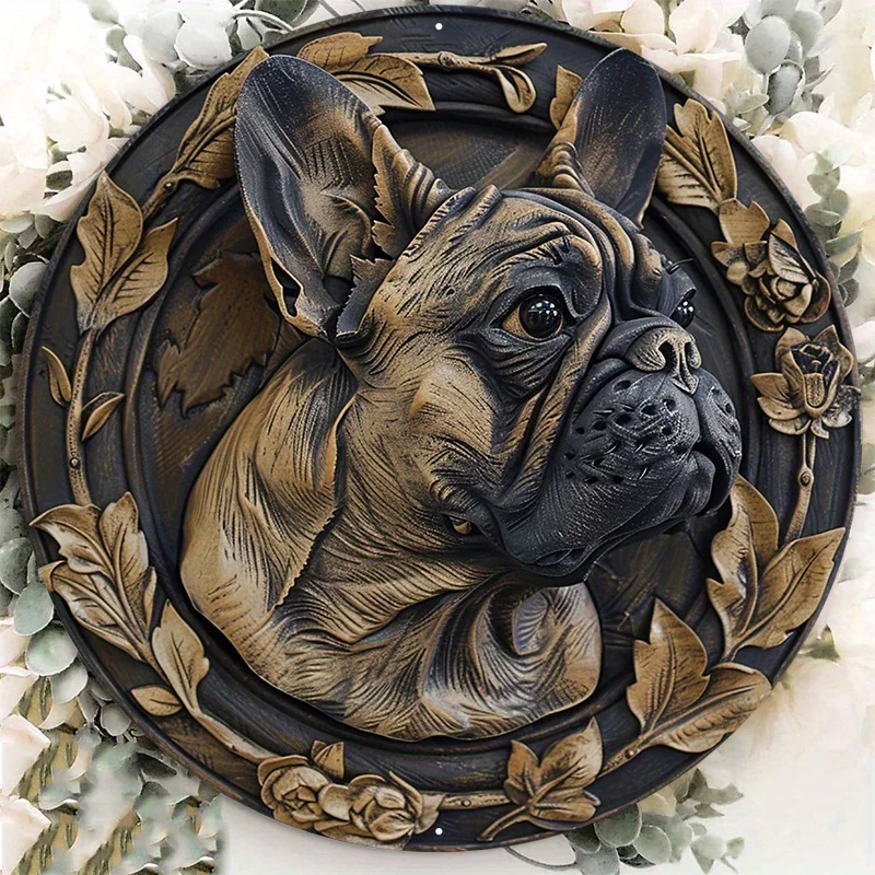 Unique Handcrafted French Bulldog Inlay Aluminum Metal Sign, Circular Wall Plaque Decoration with Intricate Design, 1PC, 8x8in