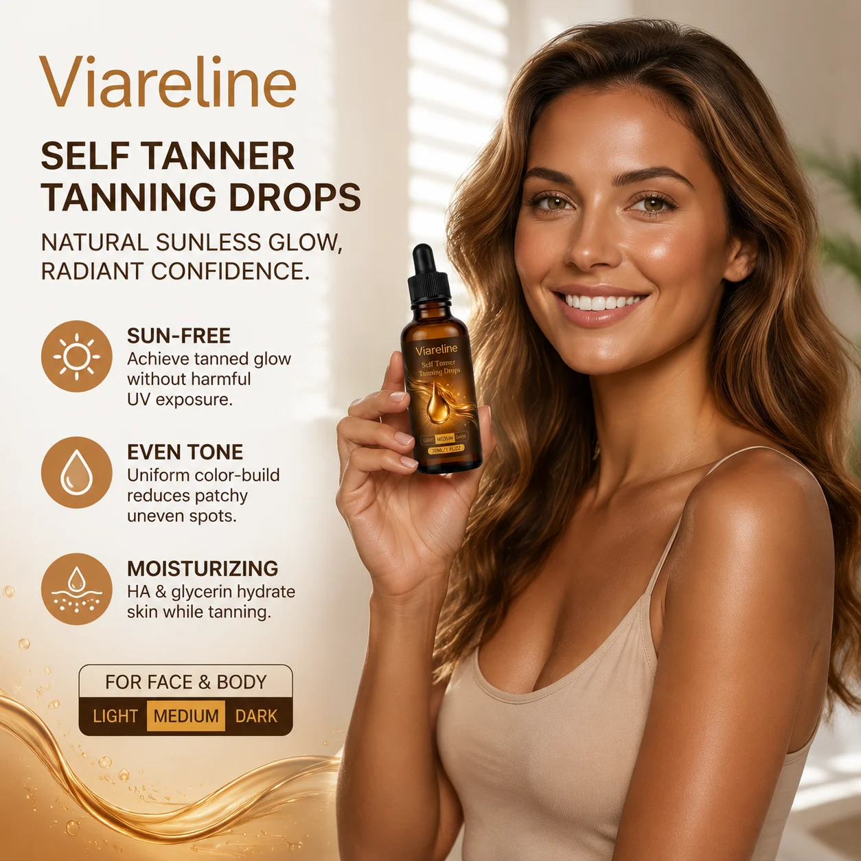 Viareline Self Tanning Drops Sunless Self Tanner Glow Skin Bronze Non-sticky Hyaluronic Acid Self Tanning Lotion for Face & Body