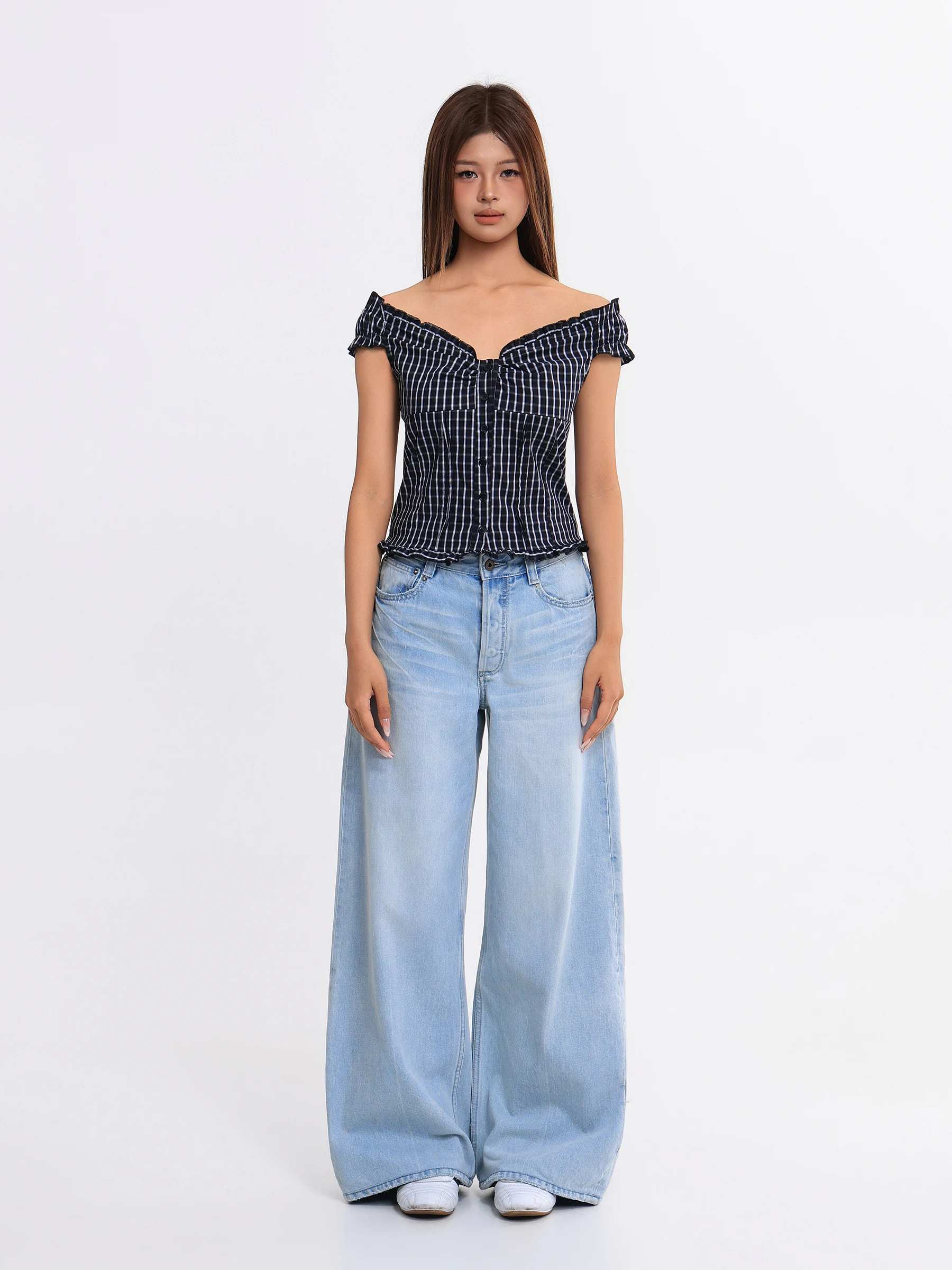 

Smorodina Summer Versatile Retro Plaid One-oulder Two-Way Sexy Women's Top Cotton Polyester Bubble Sve ort Length Chec...