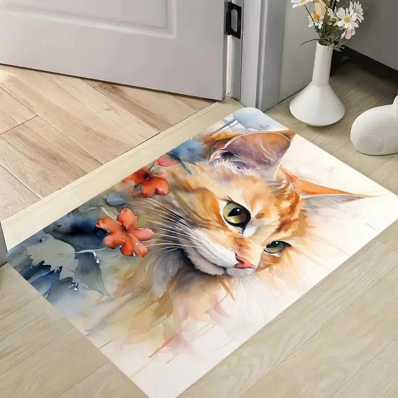 Green Grass Daisy Sleeping Orange Tabby Cat Print Doormat Anti Slip Absorbent Front Entry Mat Bedroom Kitchen Balcony Door Mat