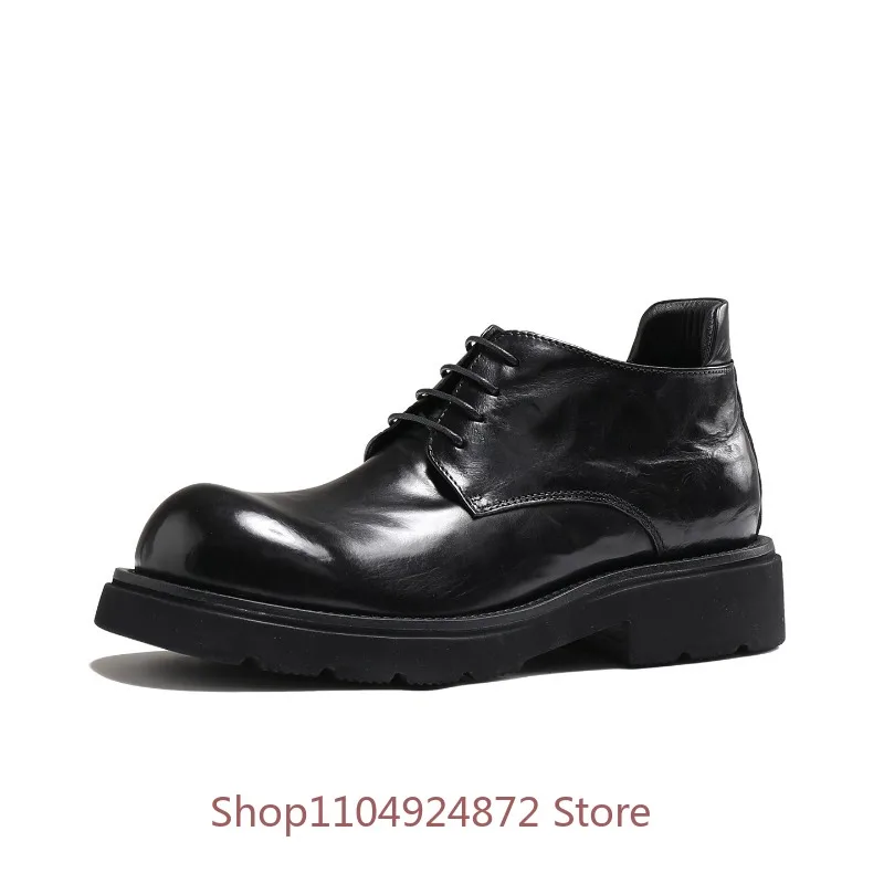 Luxury Fashion Round Toe Derby Shoes Men's Genuine Leather Thick Sole Height Increasing Business Formal Chelsea Boots Man