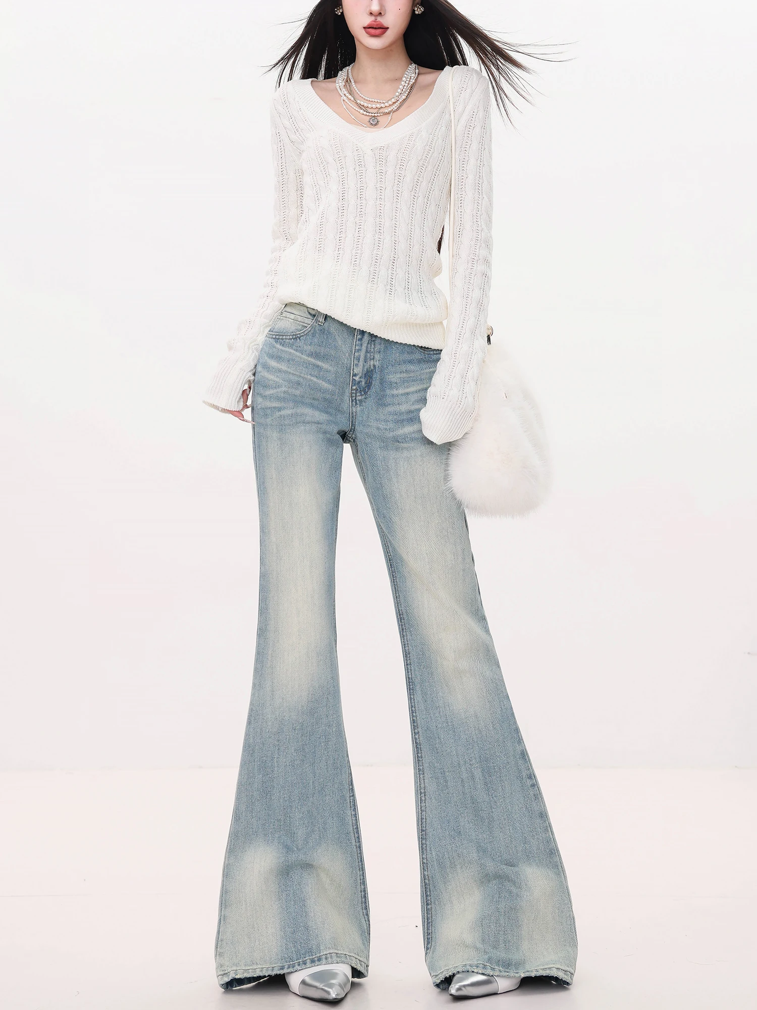 

ABWLR Moonlight Beach Original American Retro adient Micro Flare Jeans Women Slimming Floor Length Bell Bot