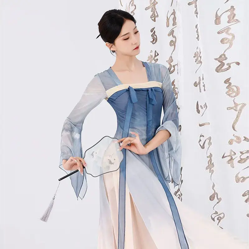 ชุดเต้นรำแบบคลาสสิกชุด Hanfu ไหลของผู้หญิงกระโปรงสวิงขนาดใหญ่ชุดฝึกเต้นจีนชุดฝึกเต้นริบบิ้นชุดการแสดง