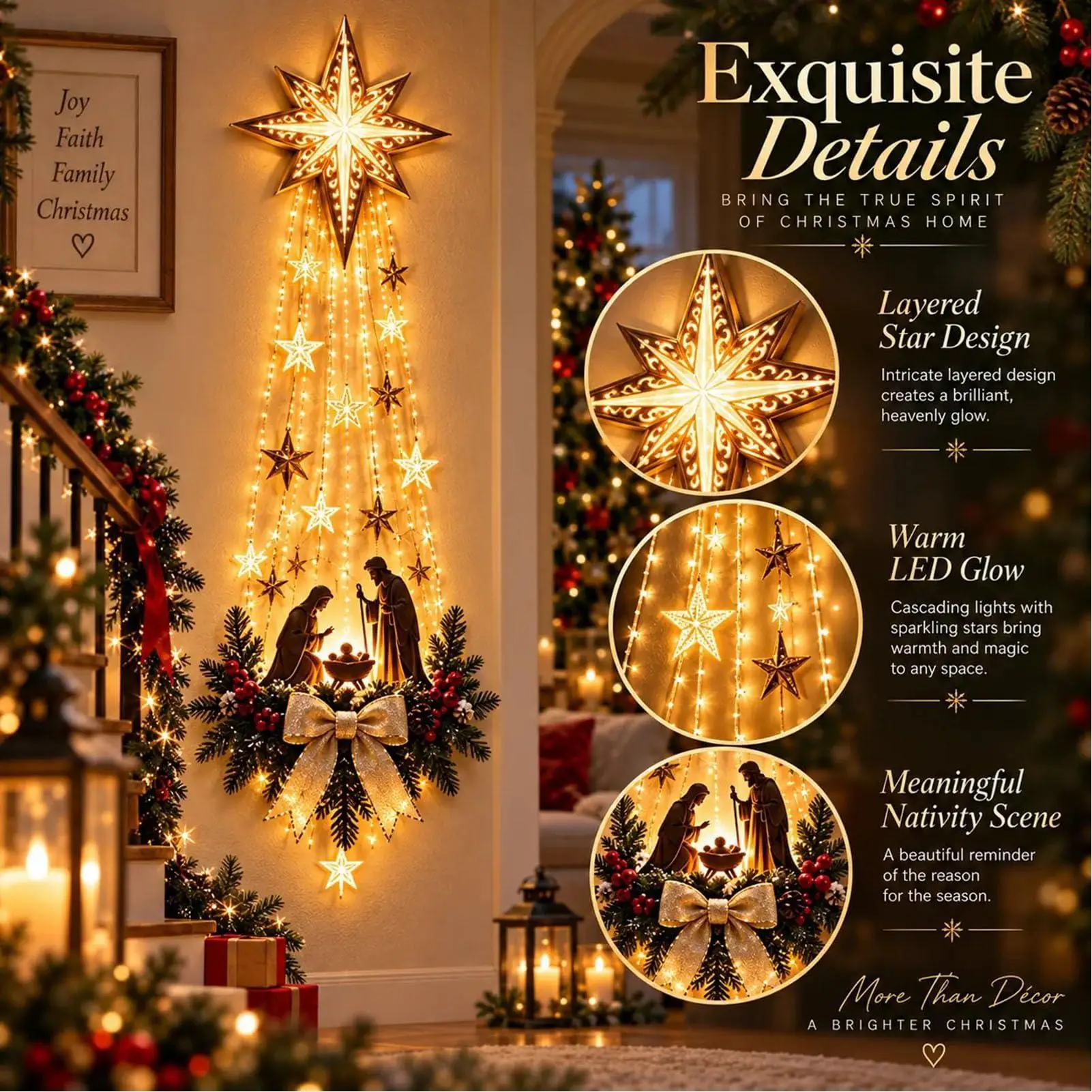 Bethlehem Star of Faith,Lighted Nativity Wall Art Decor,Glowing Christmas Hanging Ornament,LED Lights for Home Fireplace