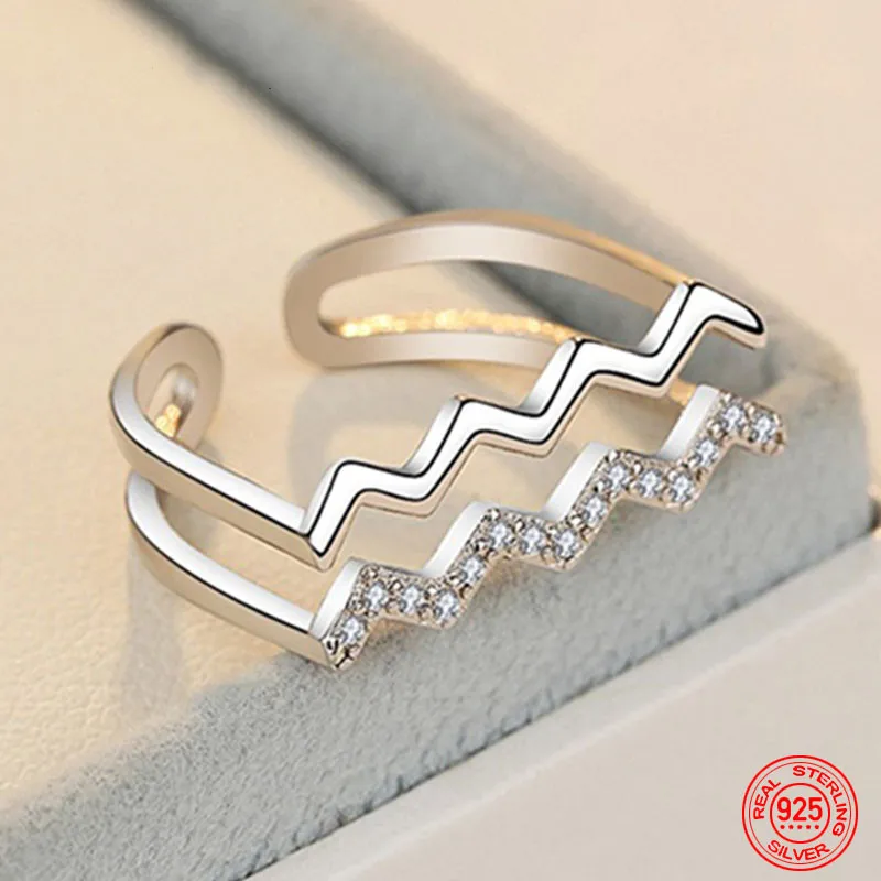 925 Sterling Silver Water Ripple Ring With Adjustable Opening For Women Wedding Jewelry Fashion Gifts