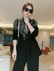 Spring New Women Luxury Crystal Diamond Suit Jacket Long Sleeve Office Ladies Slim Fit Elegant Blazers Single Button Coat Tops