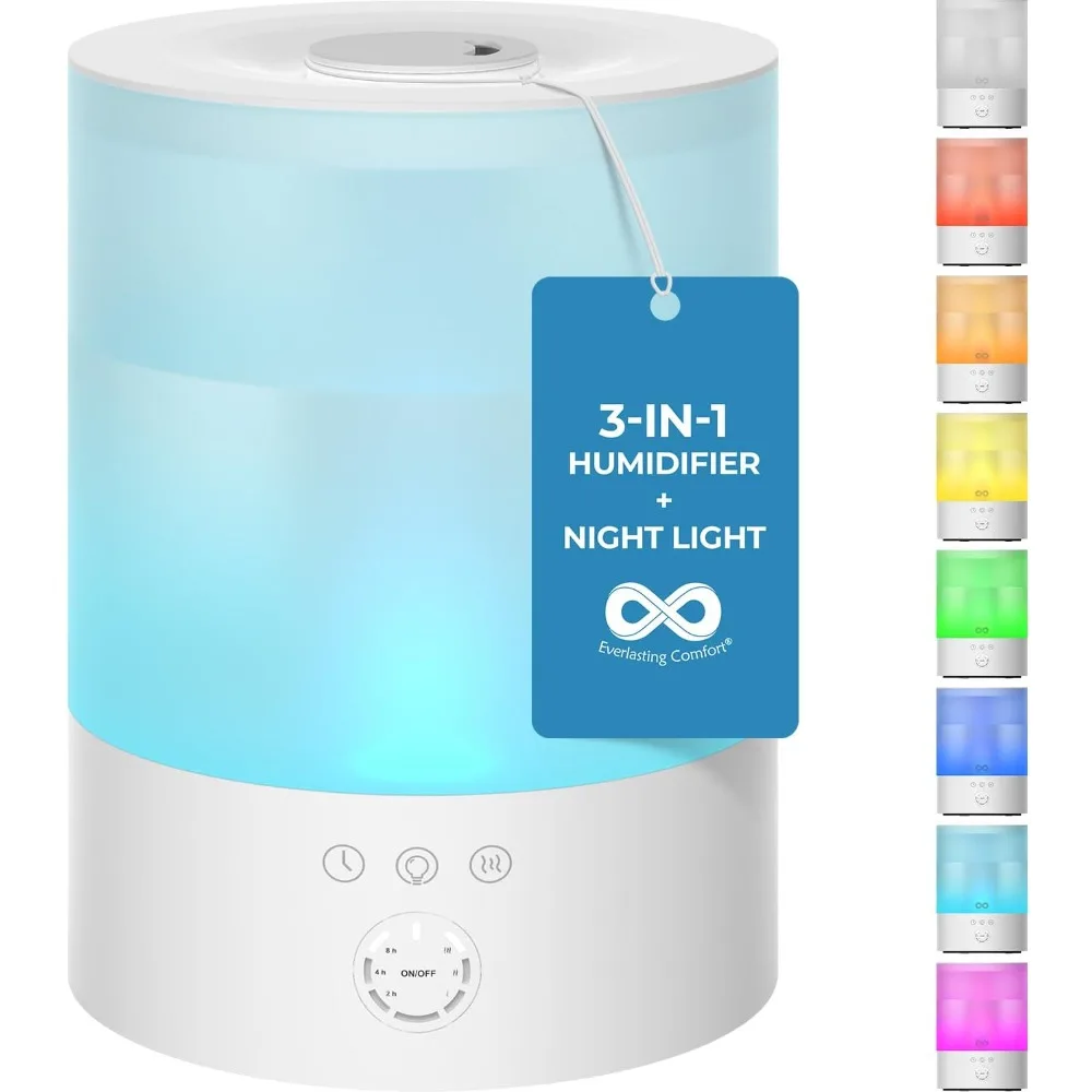 Humidificadores Comfort de llenado superior de 2,5 L para dormitorio, 2,5 L: silencioso, fácil de llenar y limpiar, tiempo de ejecución de 24 horas, luces nocturnas, temporizador, ultrasónico