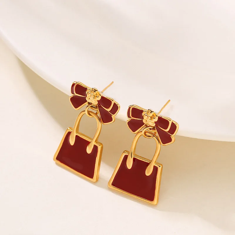 Fashionable and elegant, small fragrance style enamel drop glaze red bow bag earrings sweet and gentle personalized earrings