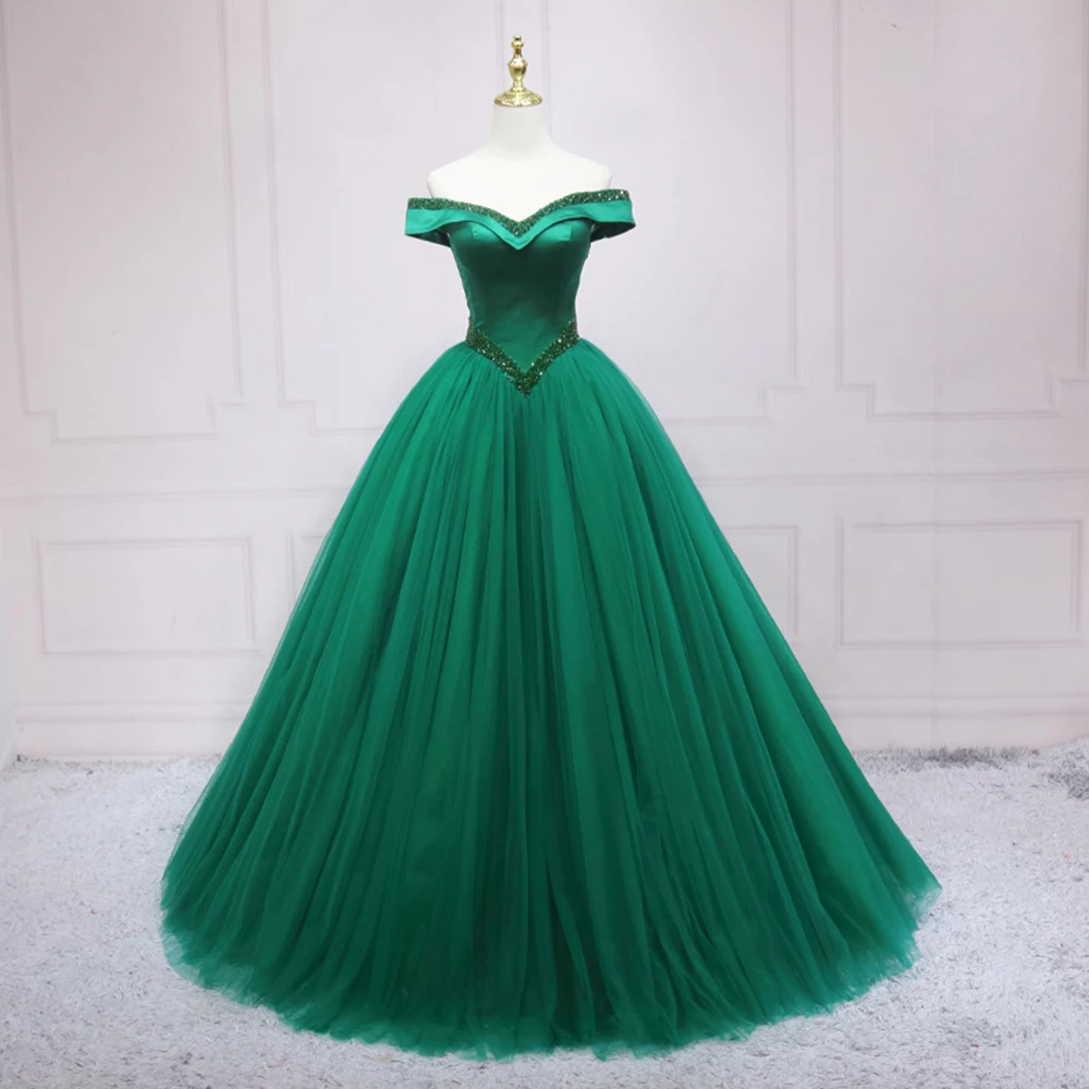 

Green Off Shoulder Quinceanera Dresses Sequins Tulle Evening Party Gowns Masquerade Vestido De Anos 15 Sweet 16 Abendkleider