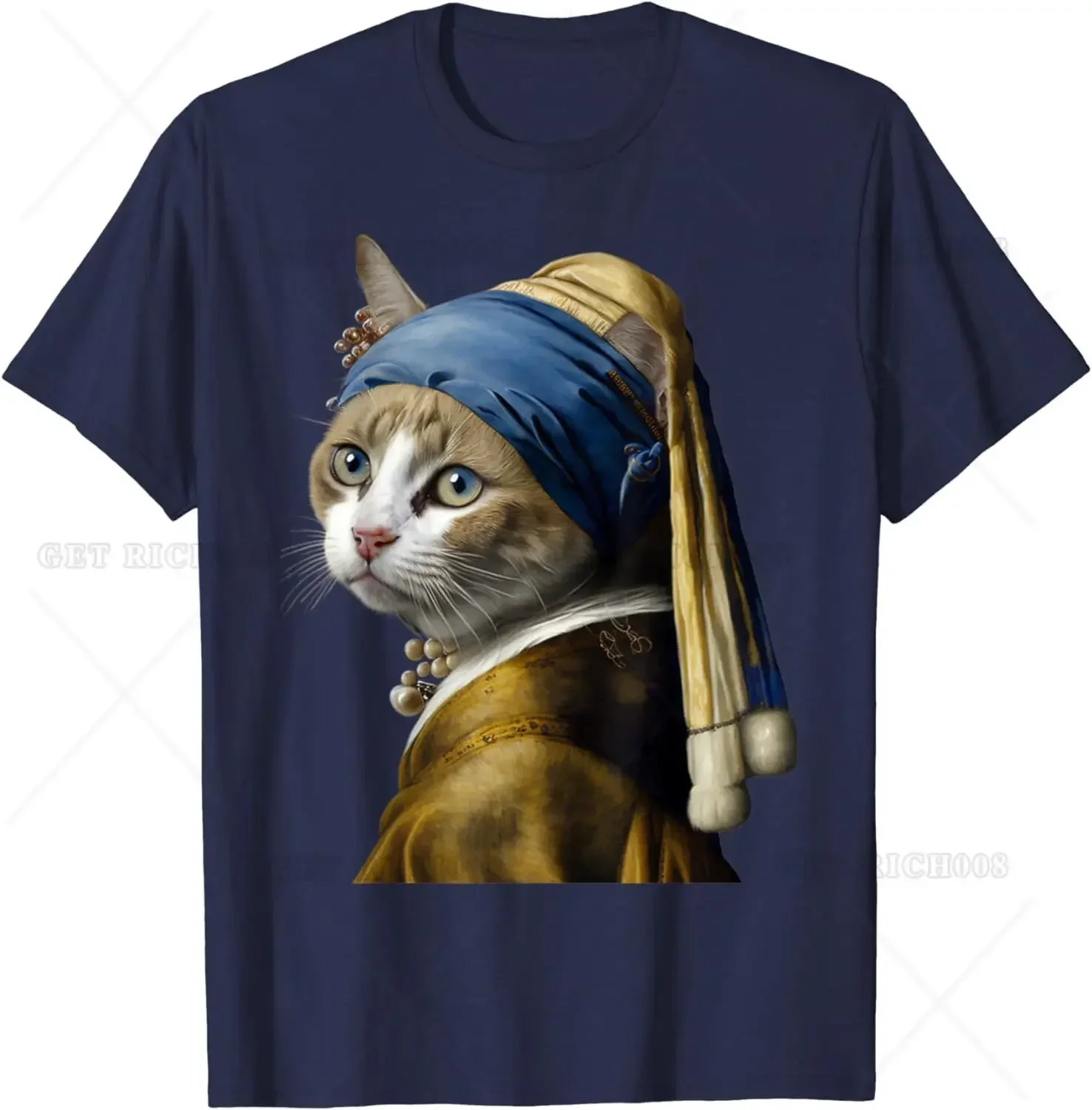 Girl with A Pearl Earring Funny Cat Lovers T-Shirt Oil Painting Animal Cute Design Short Sleeve Unisex Cotton