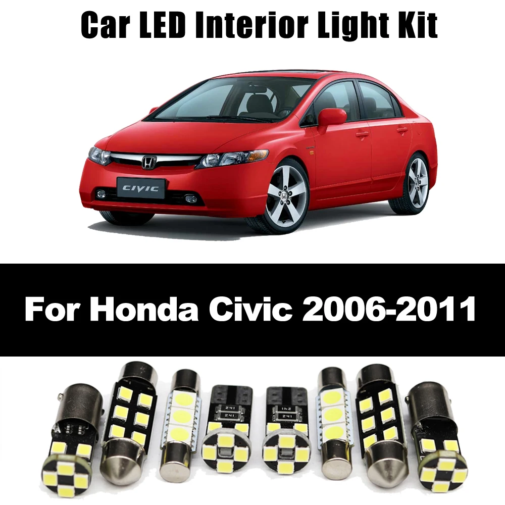 11Pcs License Plate Bulb LED Interior Dome Reading Light Kit For Honda Civic 8 MK8 8th Generation 2006 2007 2008 2009 2010 2011