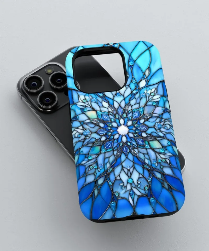 Blue Stained Glass Mandala Snowflake Phone Case For IPHONE 16 15PRO MAX 14 13 12 11 Acrylic TPU Two in one magnetic Phone Cases