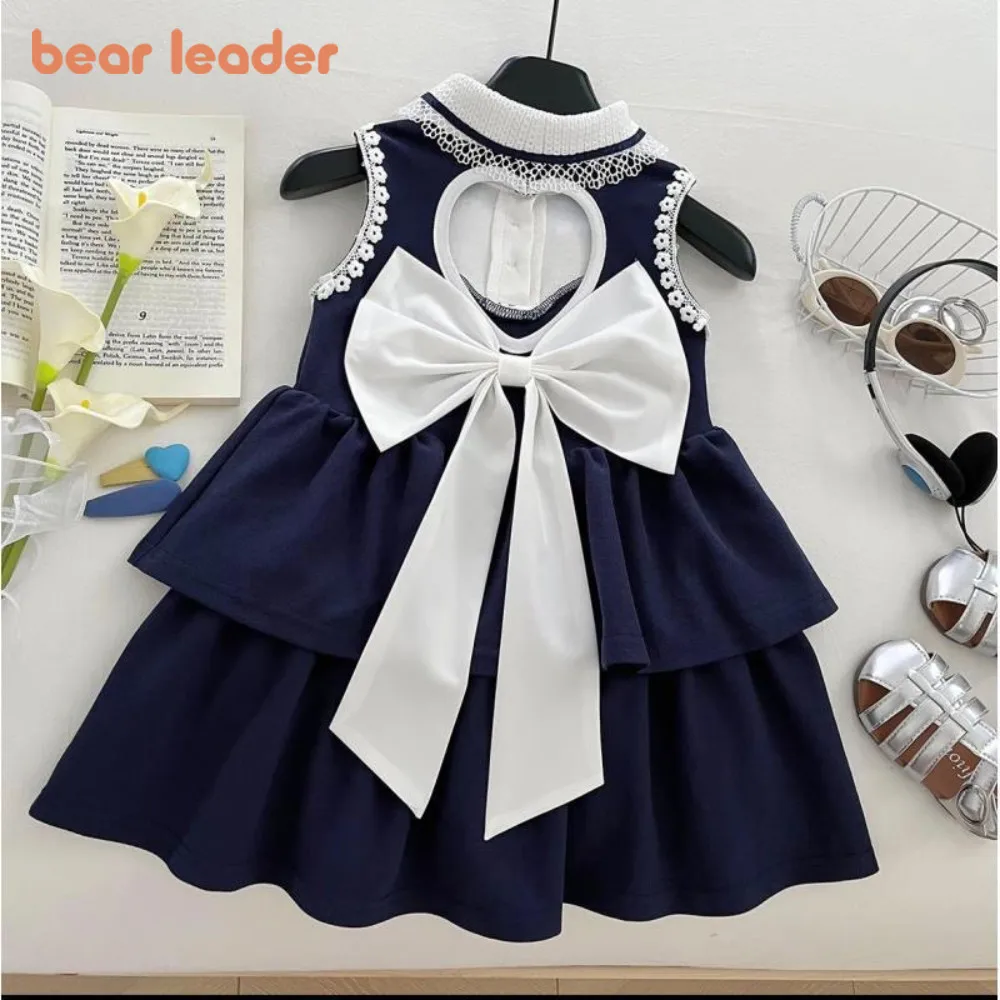 Bear Leader Korean Version Fashion Bow Decoration Hollow Princess Dress Summer New Sleeveless Girls Dresses Children's Clothing