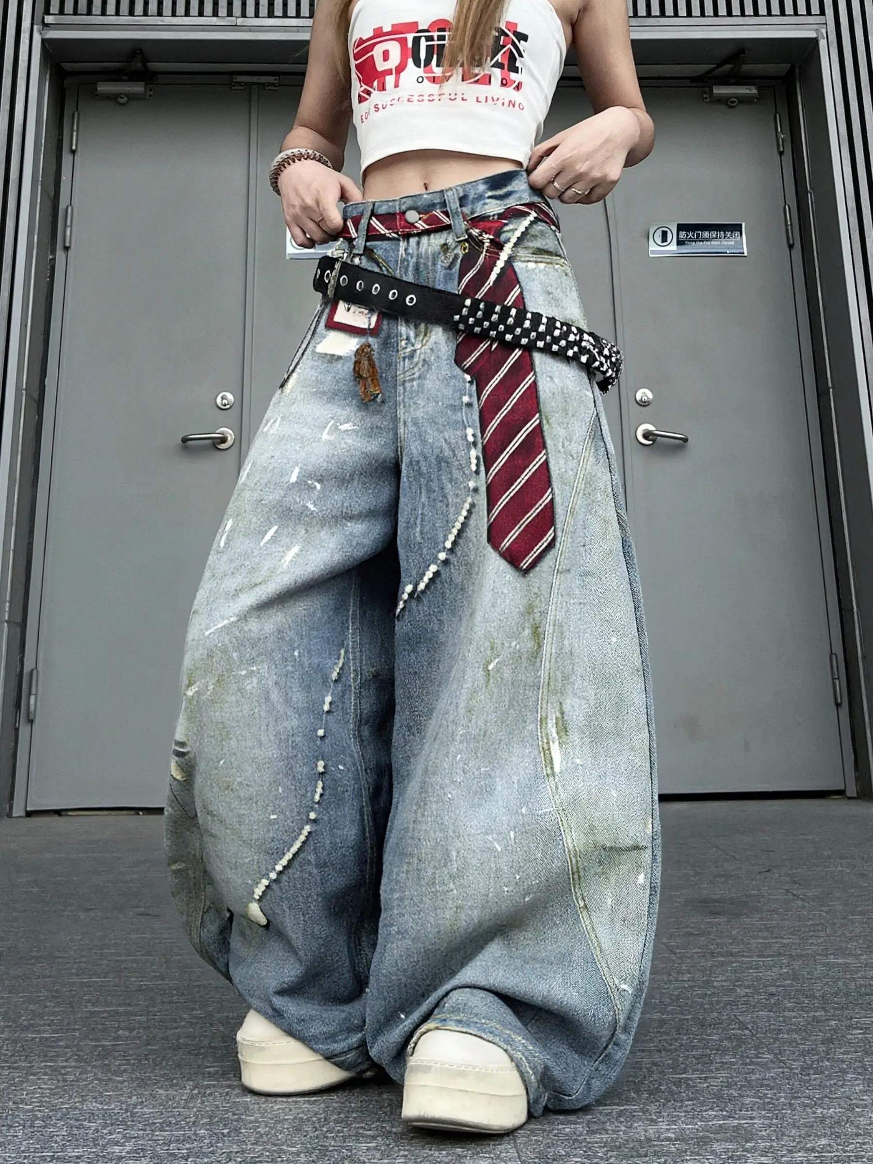 

American Sle Worn-Out 3D Digital Print Loose Wide Leg Jeans Trendy Long Trousers Casual mid Waist Button Closure Jeans
