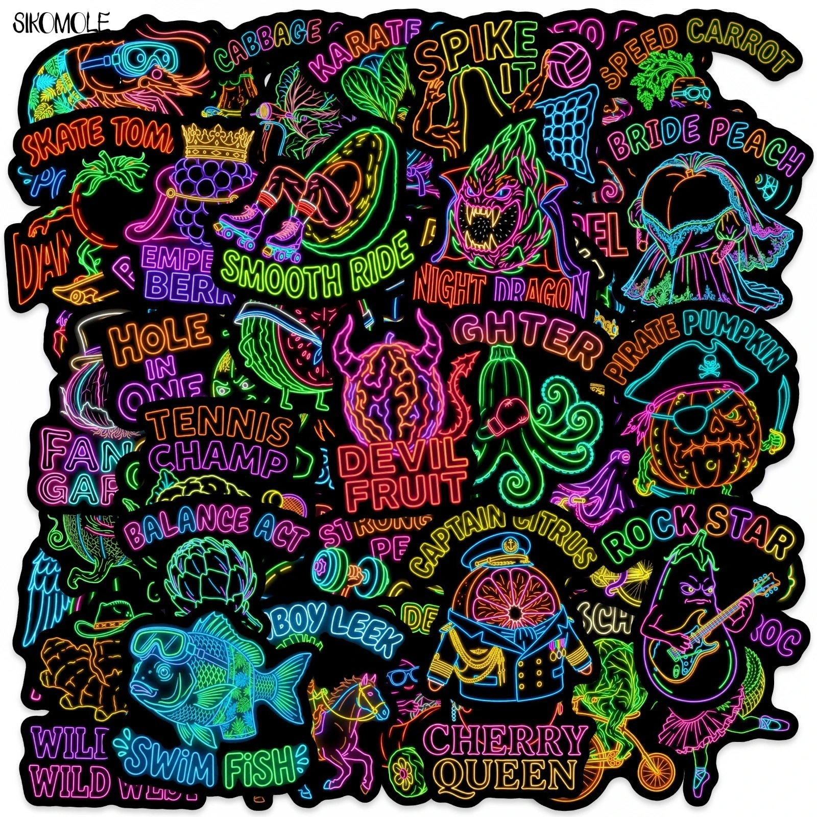 10/30/50PCS Neon Cyber Style Vegetable Fruit Characters Stickers Book DIY Skateboard Guitar Luggage Decoration Graffiti Sticker