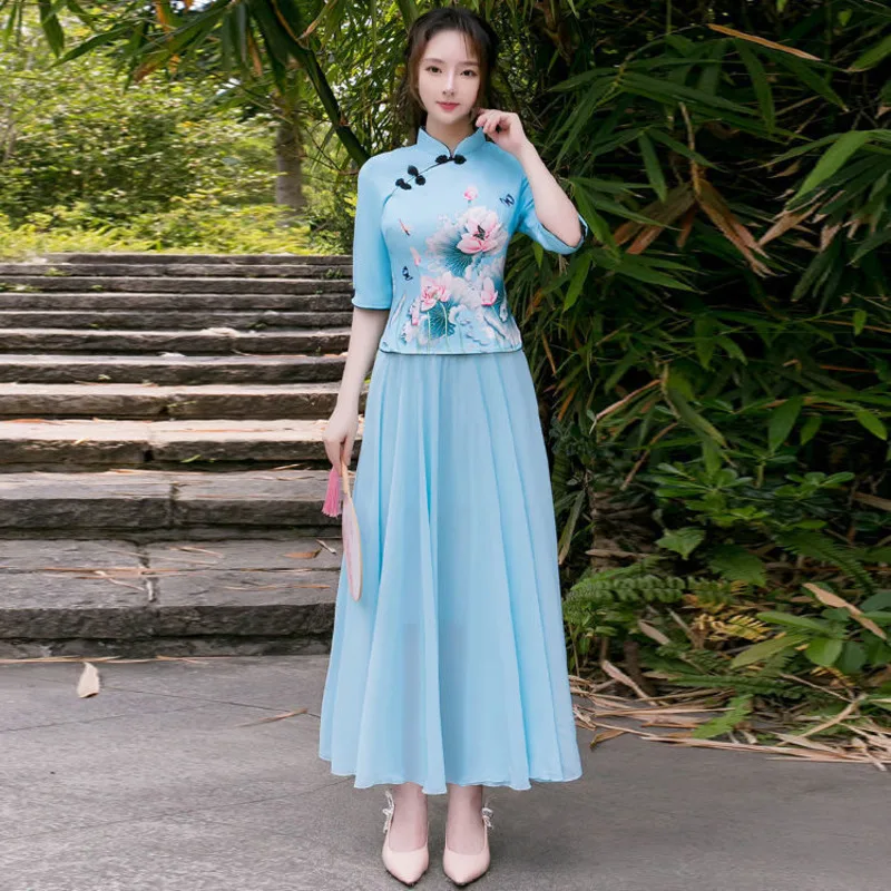 Printing Slim Two-piece Hanfu Retro China Style Women Top Skirt Set Clothing Ethnic Traditional Tang Suit Blouses Orientale Ropa