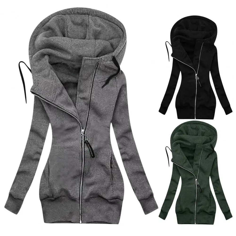 Stylish Solid Color Zipper Winter Coat Skin-friendly Sweatshirt Coat Zipper Closure Warm Hoodie Jacket Lady Clothing