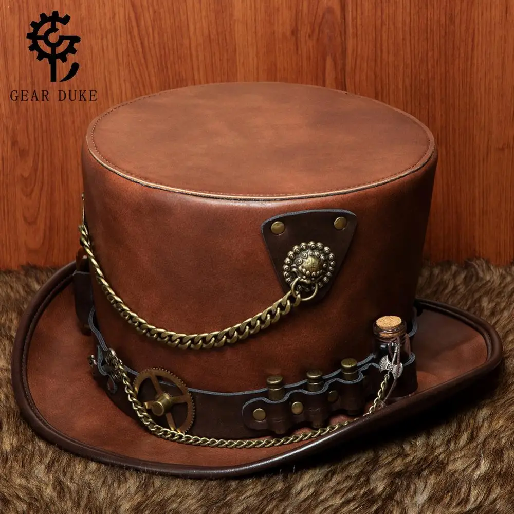 Steampunk Industrial Retro Pu Leather Cap Halloween Cos Gothic Unisex Vintage Hat Medicine Bottles Bullets Gear Chain Decoration