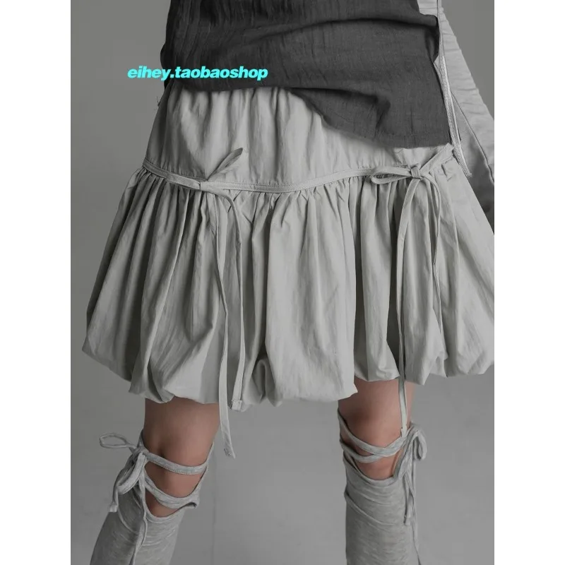 

Korean Retro Lace-up Pleated Casual A-line Skirt Women 2024 Spring New High-waisted Solid Color All Match Mini Skirt