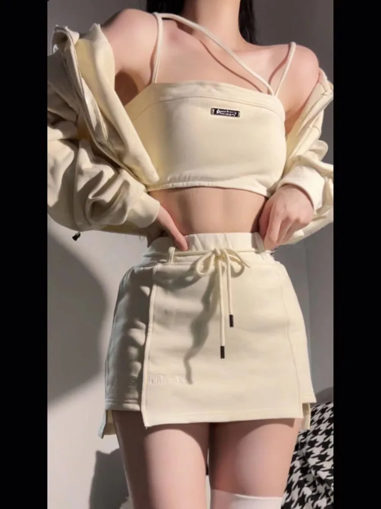 Fashion Simple Long Sleeve Zipper Cardigan Sexy Slim Fit Crop Top Vest Y2k High Waist Skirts 2024 Summer New Three Piece Sets