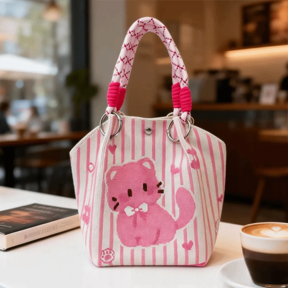 New Cat-themed Floral Knitted Tote Bag Wrapped Handle Large Capacity Fabric Handbag Colorful Cartoon Women Tote Bag Outdoor