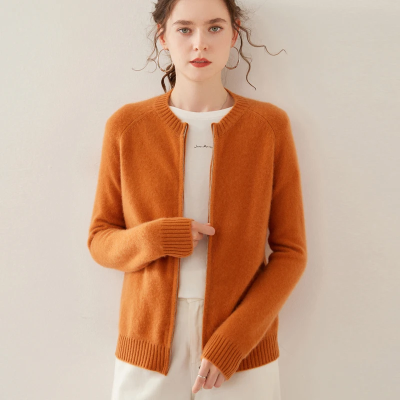 

Thickened Cashmere Jacket Women's Round Neck Warm Long Sleeved Solid Color Autumn Winter Zipper Knitted Cardigan Sweater Top