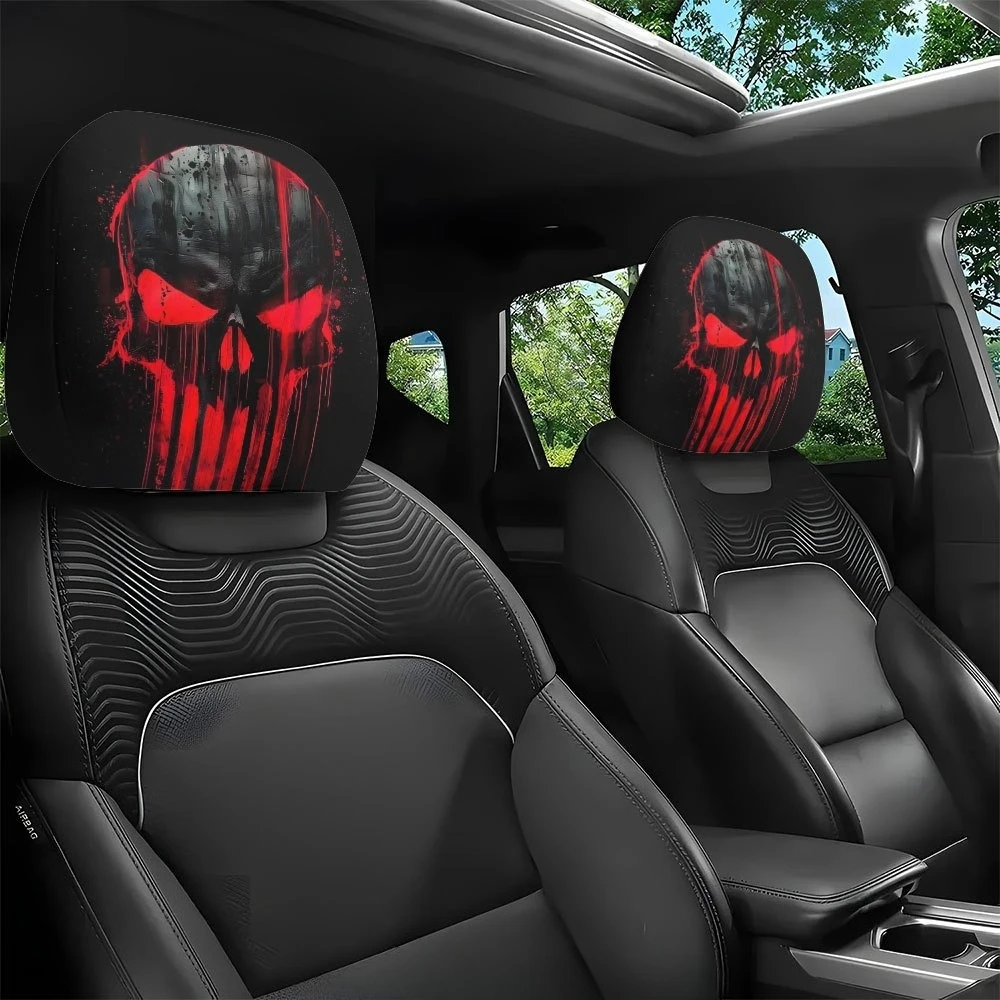2Pcs Skull Flame Eye Splash Ink Print Car Headrest Covers Dark Cool Style Auto Head Rest Protector Universal Fit