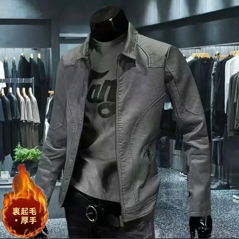 

Мужская кожаная куртка Slim Fit для повседневной носки, весна-осень, новый стиль, модная, с воротником-стойкой, длинными рукавами, тонкая модель из Китая