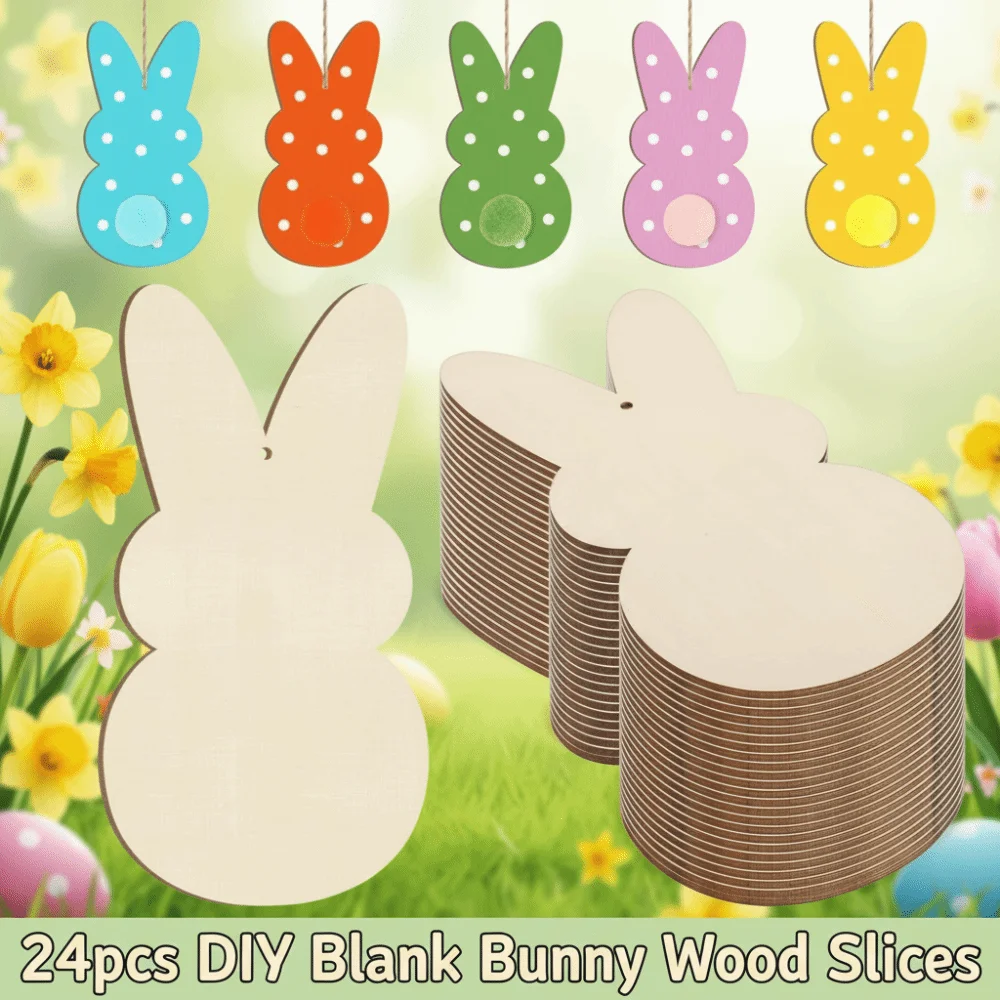 24pcs/set DIY Color Easter Bunny Wood Card Unfinished Painting Easter Rabbit Craft Smooth Rabbit Shape Blank Bunny Wood Slices