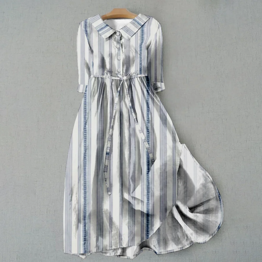 Sukienki New Printed Lapel Tie-dye Traf Pleated Loose Long Female Clothing Fresh Daily Summer Autumn Plus Size Vacation Outfits