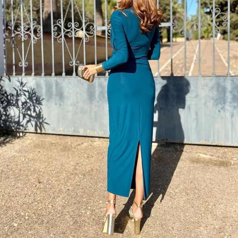 Women Elegant Crew Neck Commuter Long Dress 2025 Spring Solid Waist Draped Party Dress Autumn Long Sleeve Split Maxi Dress Mujer