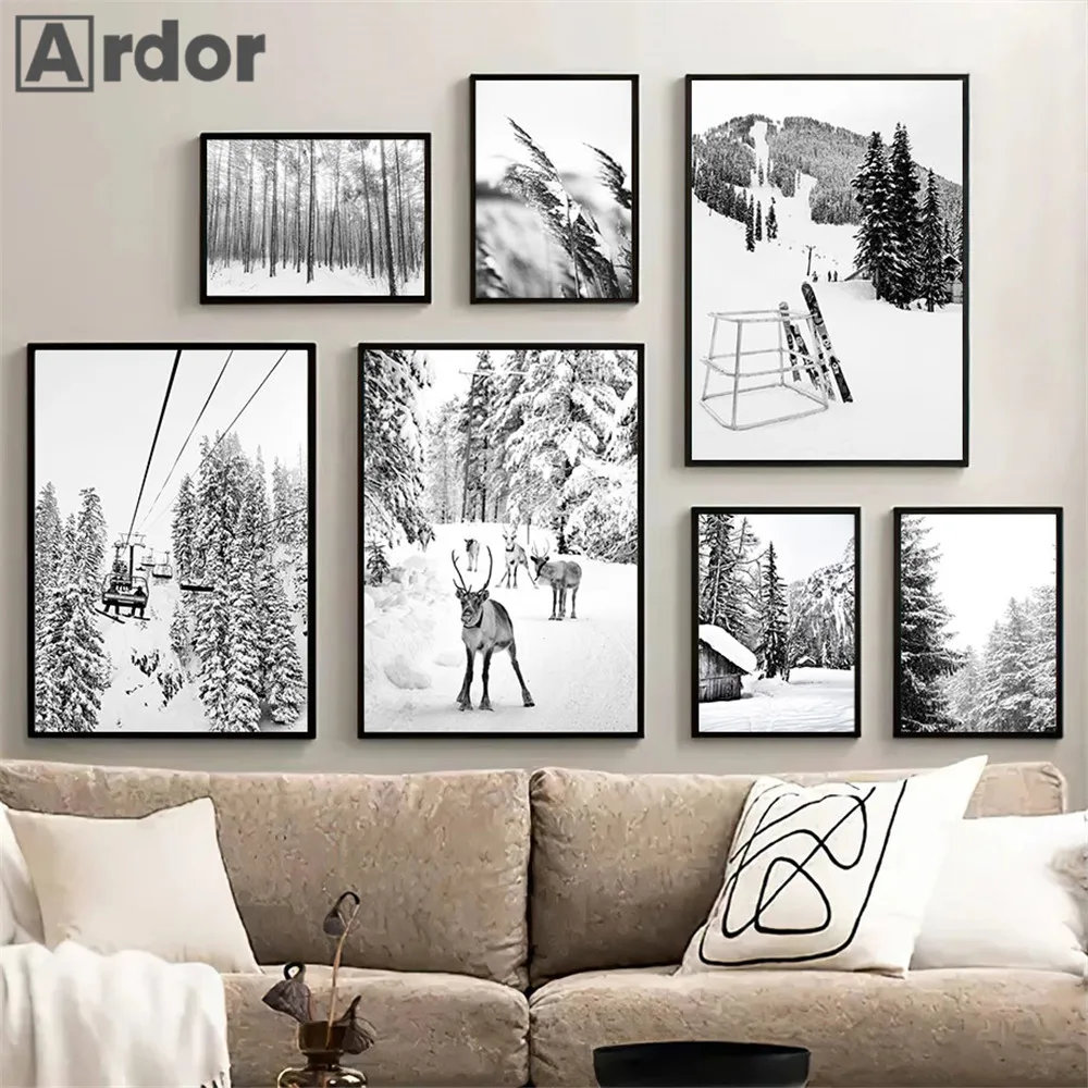 Winter Ski Facility Poster Black And White Dog Deer Art Painting Snow Forest Reed Canvas Print Nordic Wall Pictures Home Decor