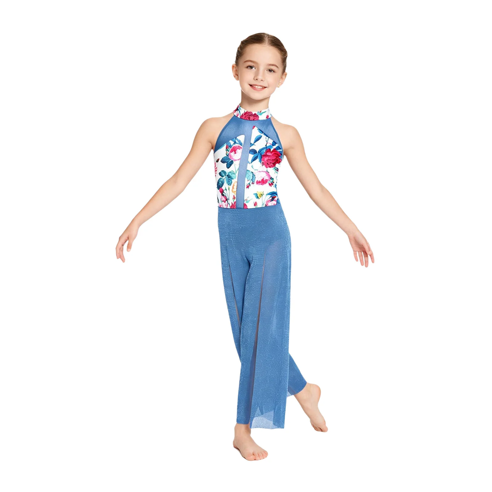 

Girls Modern Lyrical Dance Jumpsuit Sleeveless Sheer Mesh Print Briefs Leotard for Figure Skating Ballet Gymnastics Acrobatics