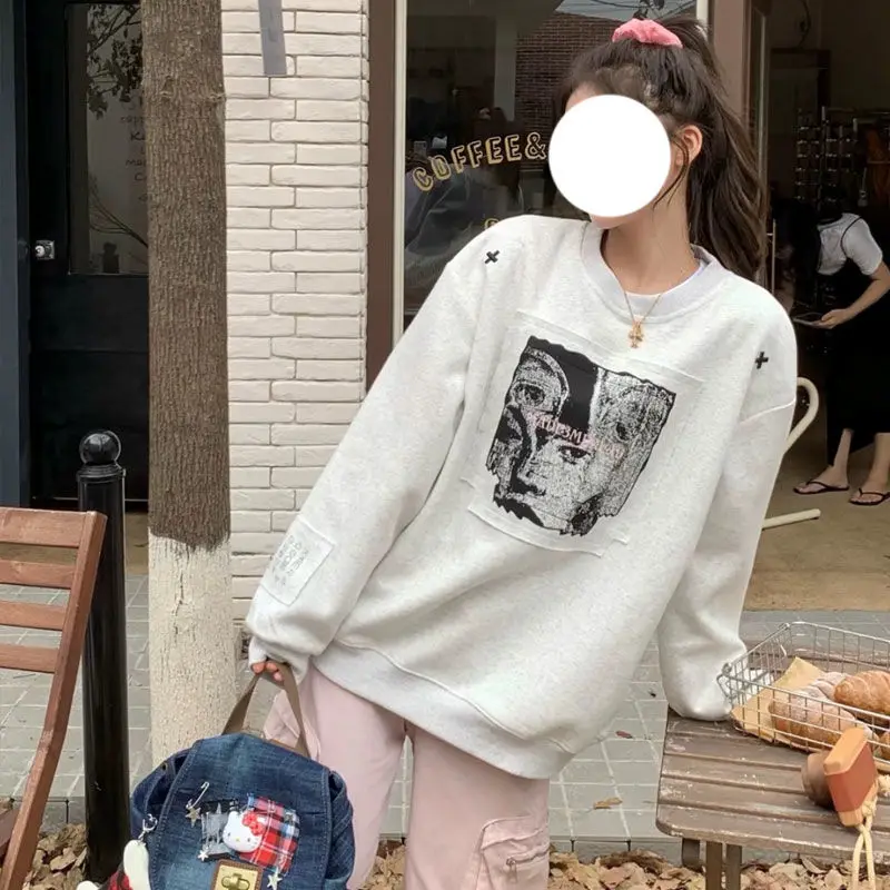 Y2k Graphic Print Patch Sweatshirt Women Autumn Winter O Neck Loose Sports Tops American Vintage Long Sleeve Streetwear