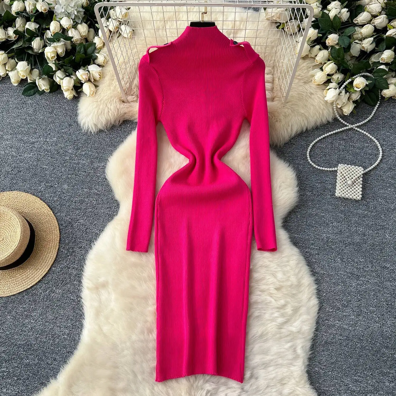 シックでエレガントなソリッドニットスプライススリム長袖ペンシルドレスフェアリー秋のベスティドス女性用パーティー