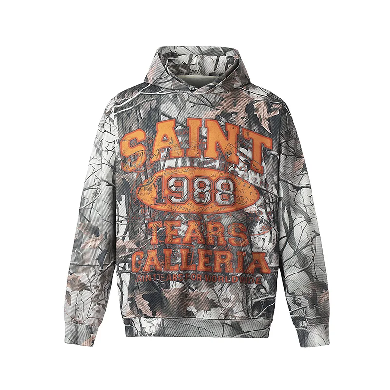 High Quality Cotton Oversized Fallen Leaves Camouflage Saint Tears Pullovers Letters Logo Tree Patterned Hoodie Cotton Hooded