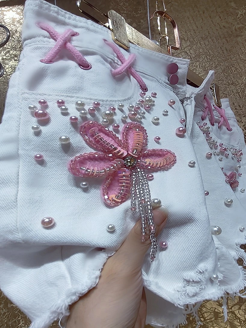 2025 Summer New High-end Beaded Pearl Short Pants Fashion Handmade Beaded Tassels Flower Shorts Sexy Girl Women's Denim Shorts