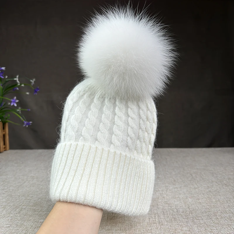 2024 New winter twisted knitted women's hat real fox fur ball Angora rabbit fur hat women's warm skiing Christmas