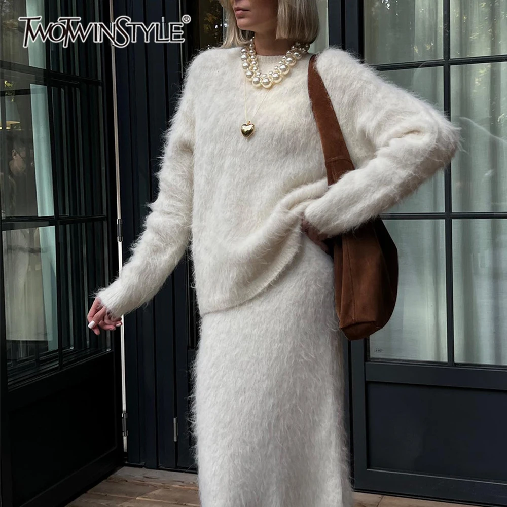 TWOTWINSTYLE Elegant Knit Women Two Piece Sets Round Neck Long Sleeve Top Long Skirt for Daily Casual Wear Fashion Autumn New