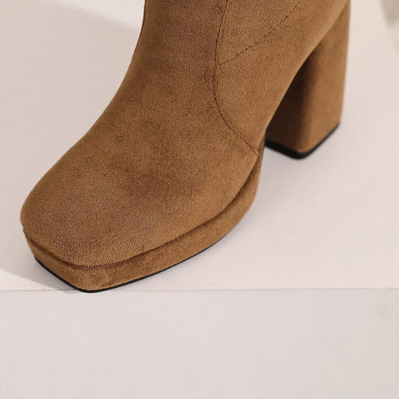 REAVE CAT Women Knee High Boots Flock Suede Round Toe Block Heels 9cm Platform 2cm Slip On 45 46 47 Concise Daily Female Booties