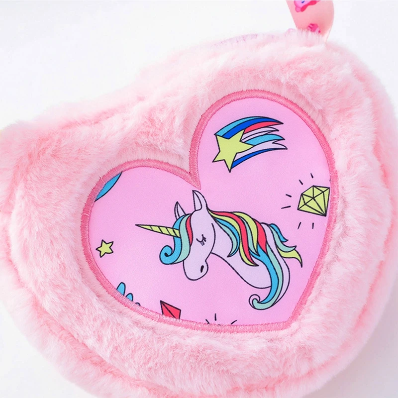 Mini Heart Shape Unicorn Soft Plush Bag Women Girls Dye Shoulder Bag Purse Children Kids Handbag Winter Furry Fur Clutch Totes