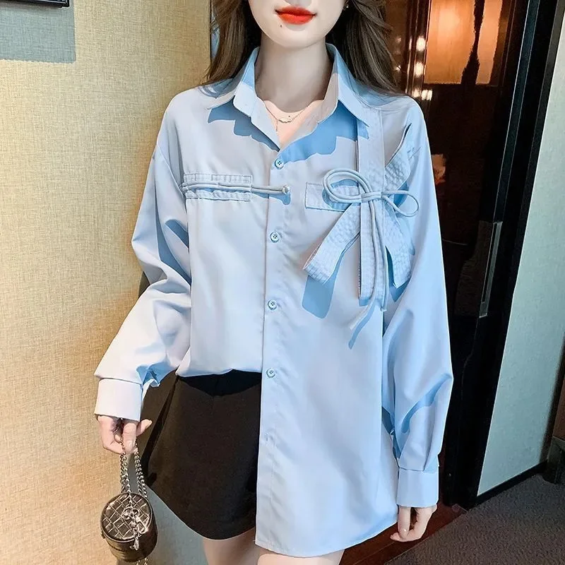 

Korean Ladies Long Sleeves Shirts Top 2025 Sweet Female Solid Color Blouse Coat Spring Autumn Women Leisure Bow Cardigan Blouse