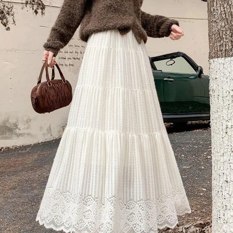 Fleece Lined Lace Tiered Long Skirt Women High Waist A Line Swing Midi Skirt Warm Knit Maxi Skirt For Fall Winter