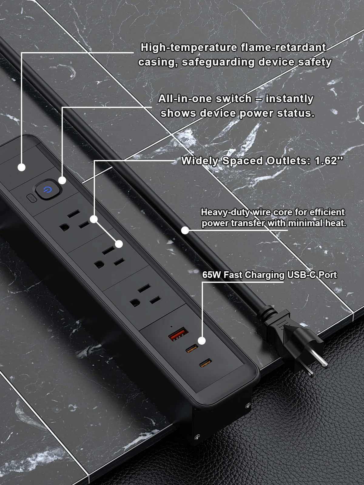 US Power Recessed Power Strip with 5 Outlets 65W USB-C Port,Desk-Mounted Hidden Electrical Outlet Drawer Outlet Desk Organizer
