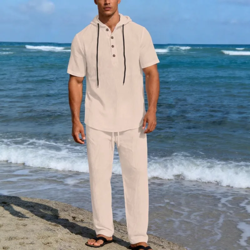 

Men's 2 Piece Linen Hooded Outfit Short Sleeve Henley Shirt and Drawstring Pants Set for Beach Vaion