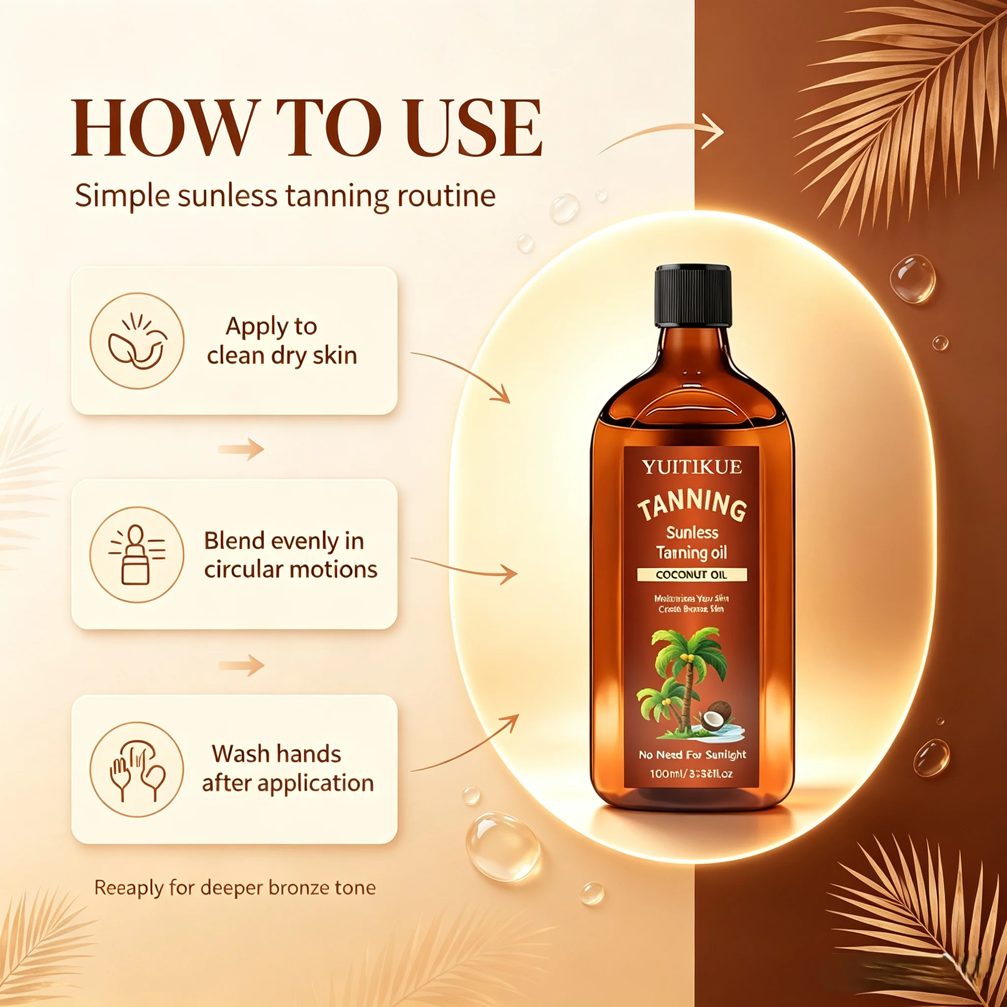 YUITIKUE Coconut Sunless Tanning Oil 100ml Create Natural Bronze Skin Moisturizing Self Tanning Body Oil