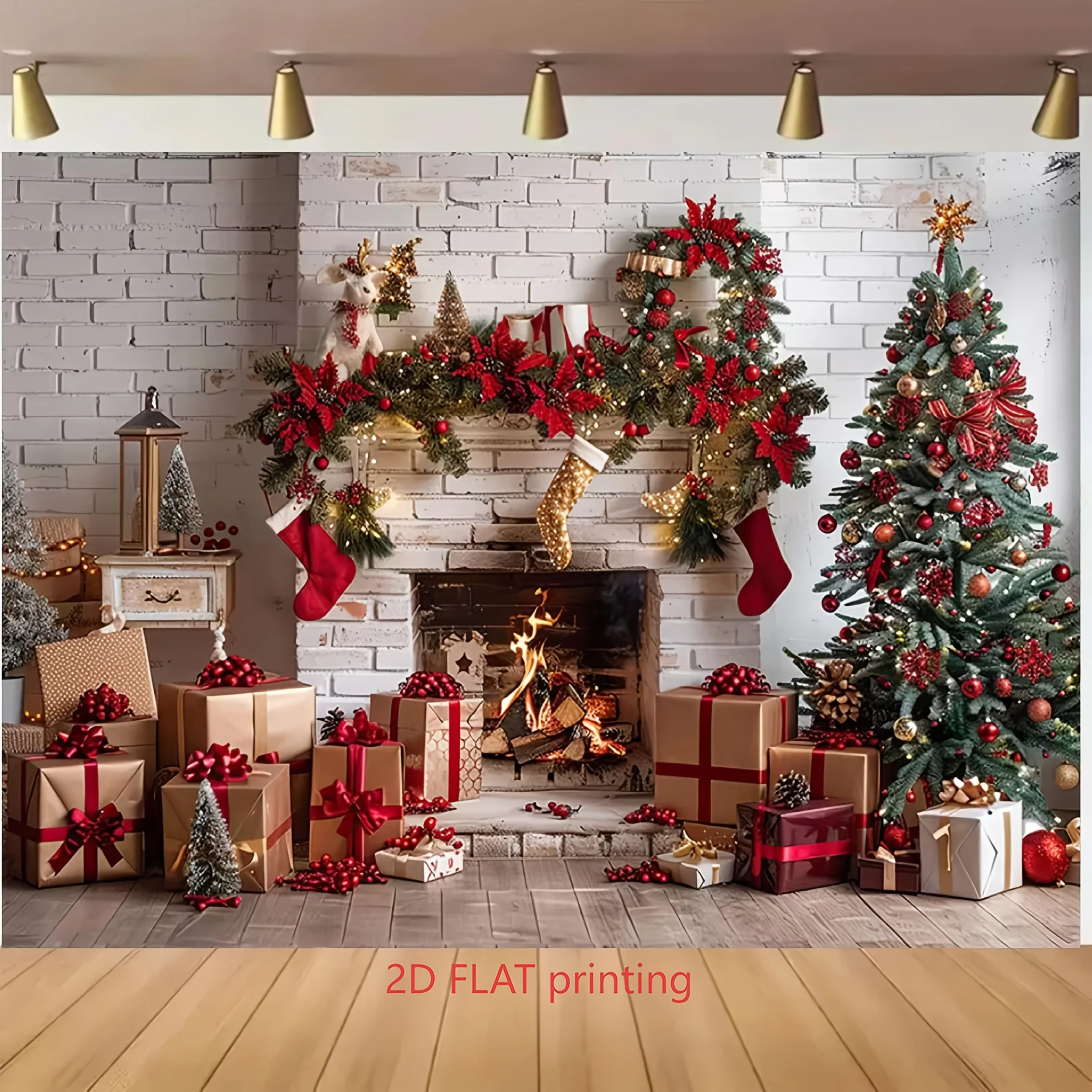 2D FLAT 1 Stück Weihnachts-Hintergrundstoff, weiße Wandfliesen, Kamin, Weihnachtsbaumwollstrumpf-Geschenkbox, Weihnachtsbaum-Design
