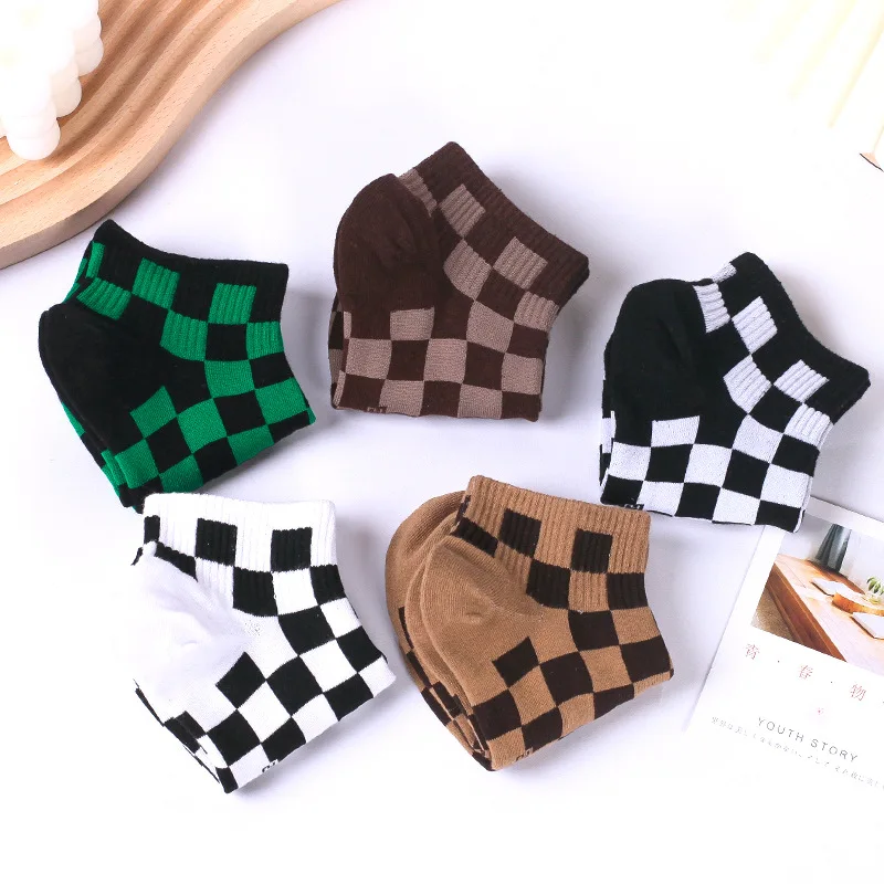 Funky Harajuku Women Checkerboard Socks Geometric Checkered Low Tube Short Hip Hop Cotton Streetwear Crew Ankle Socks Girls Sox