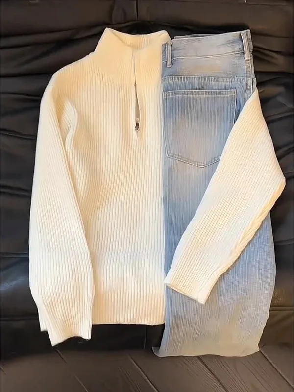 

Beige f Zip Knitwear Men's Autumn Winter Loose Fit High Ne Inner Wear Base Layer Casual Sle Long Sve Comfortable