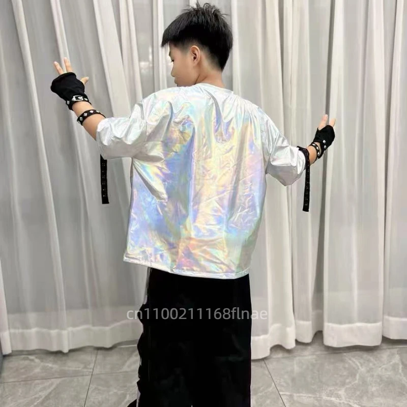 Costume da spettacolo di danza hip-hop e di strada per bambini, set di gilet per ragazzi, costume con paillettes argento per bambini, danza jazz per ragazzi